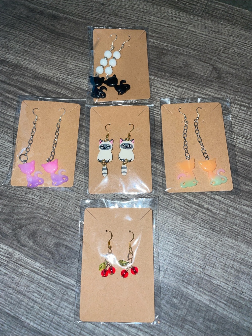 Playful Cat & Cherry Dangle Earrings Set - White, Black, Pink, Peach, Red